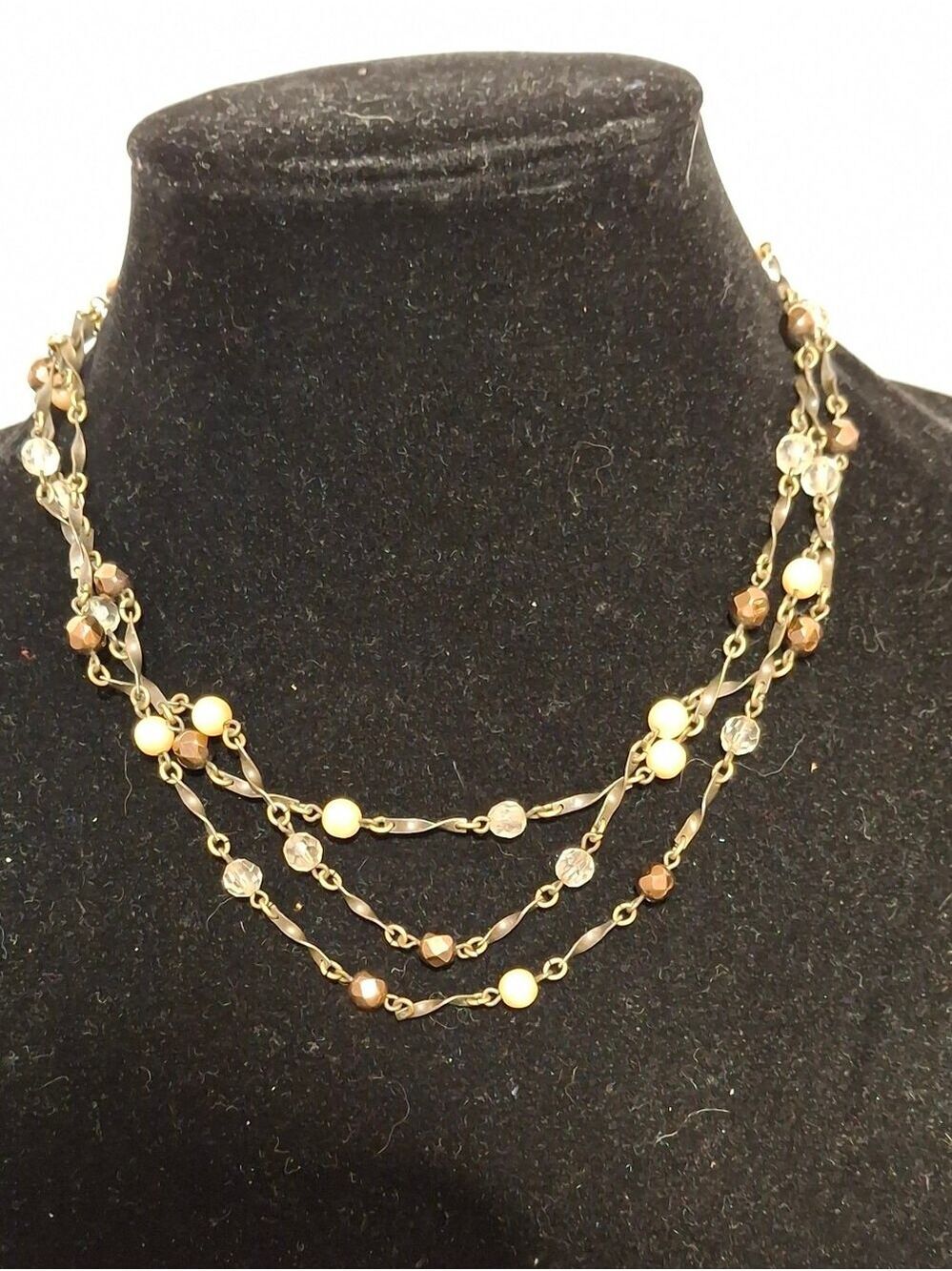 Brass Color 3 Strand Necklace Faux Pearls